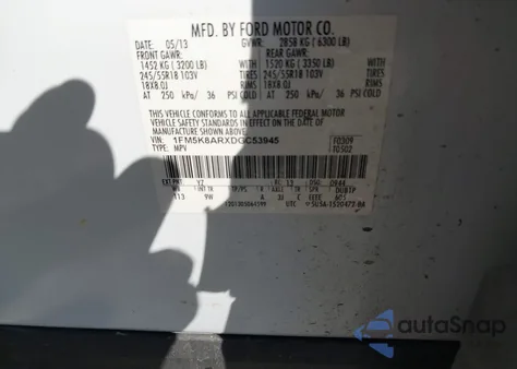 2013 Ford Police Interceptor из США, поврежденный, VIN 1FM5K8ARXDGC53945